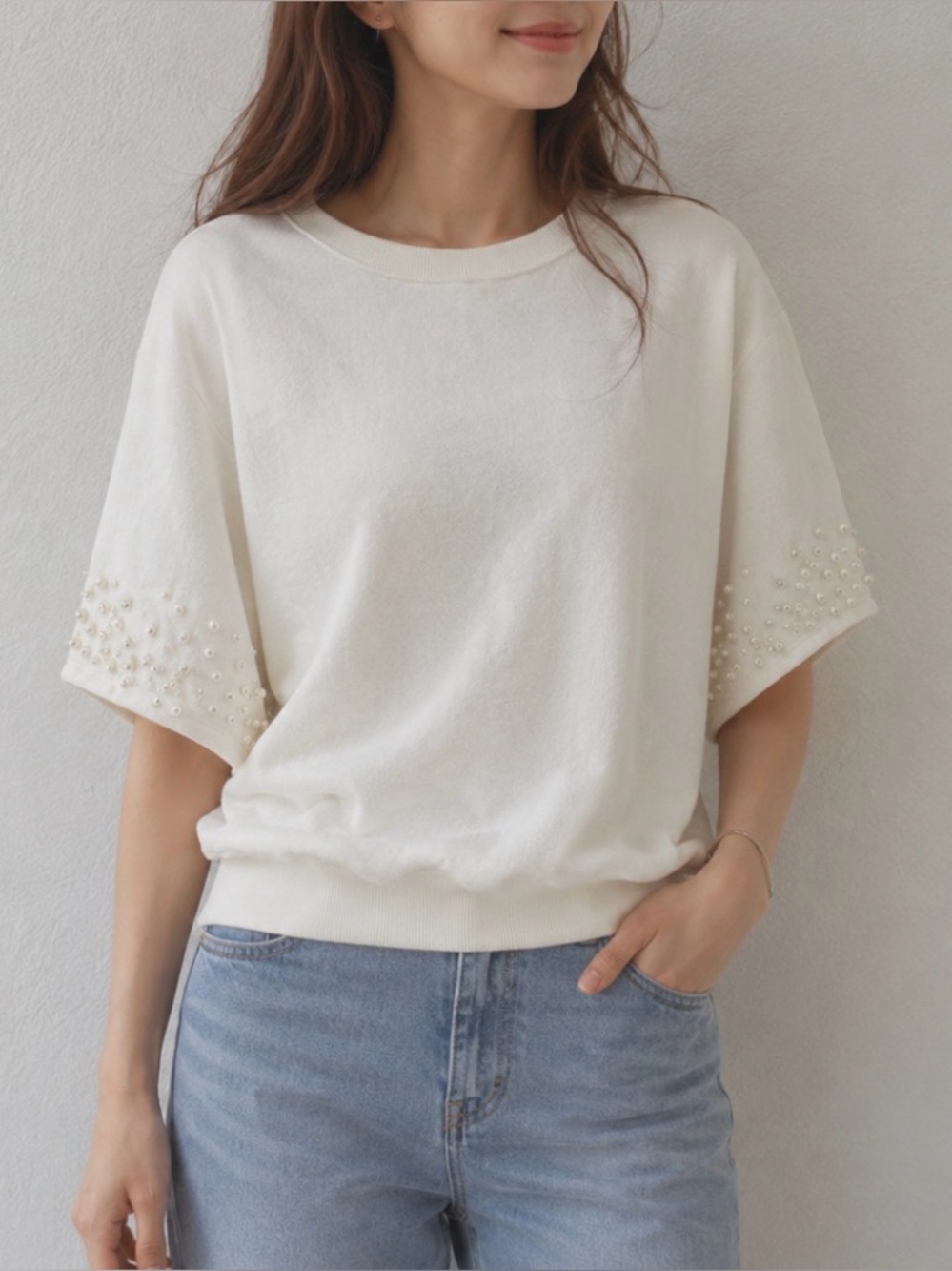 Anthropologie White Pearl-Accent Short Sleeve Sweatshirt